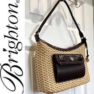 BRIGHTON - "Edna" Natural Woven Shoulder Bag/Croco-Embossed Brown Leather Trim